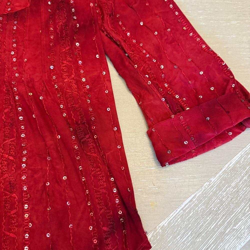 Red 3/4 Sleeve Blouse with Mandarin Collar Sequins Holiday - Picture 2 of 9